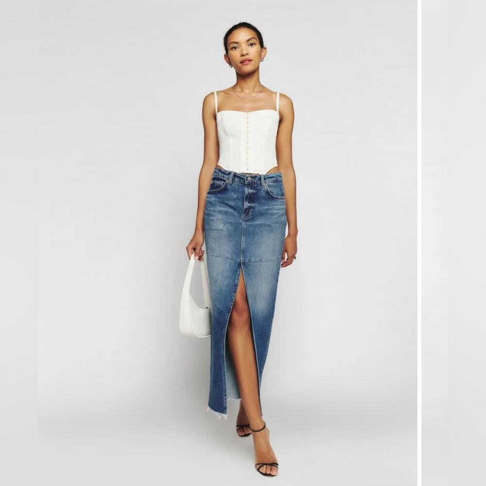 Reformation Tazz Maxi Denim Skirt – NWT – Blue Jean, Low-Waisted, Distressed Hem